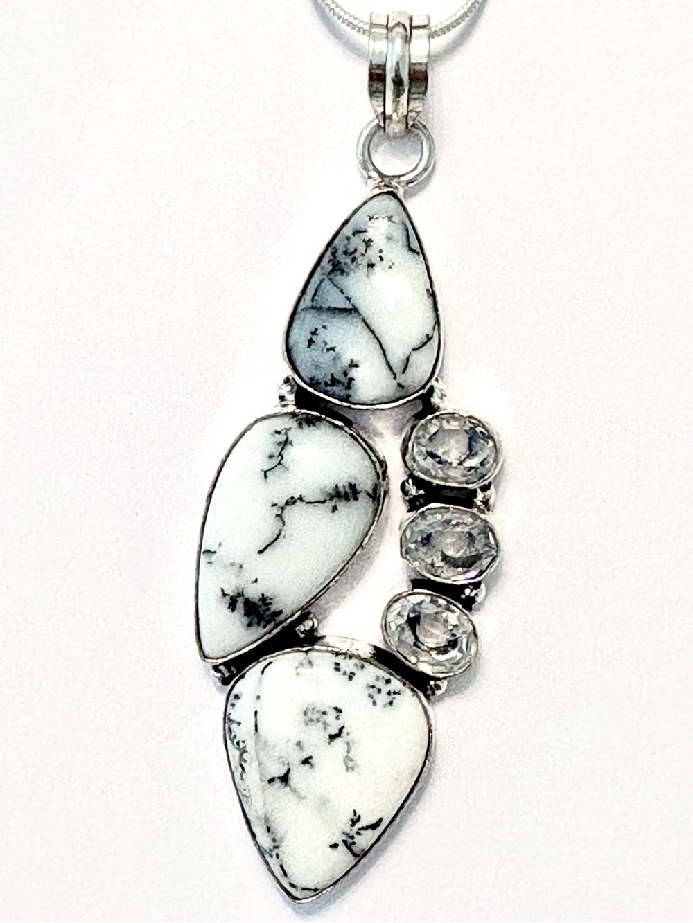 3 inch, 925 marked, Dendrite Opal and Opalite pendant, on a silver chain